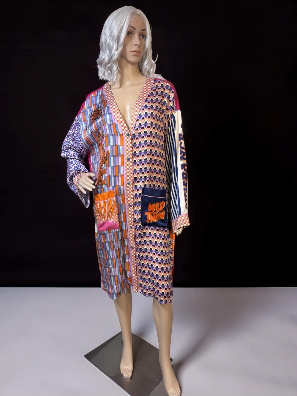 Me369 NWOT Sz L Multicolor Graphic Patchwork Duster Coat (0767)